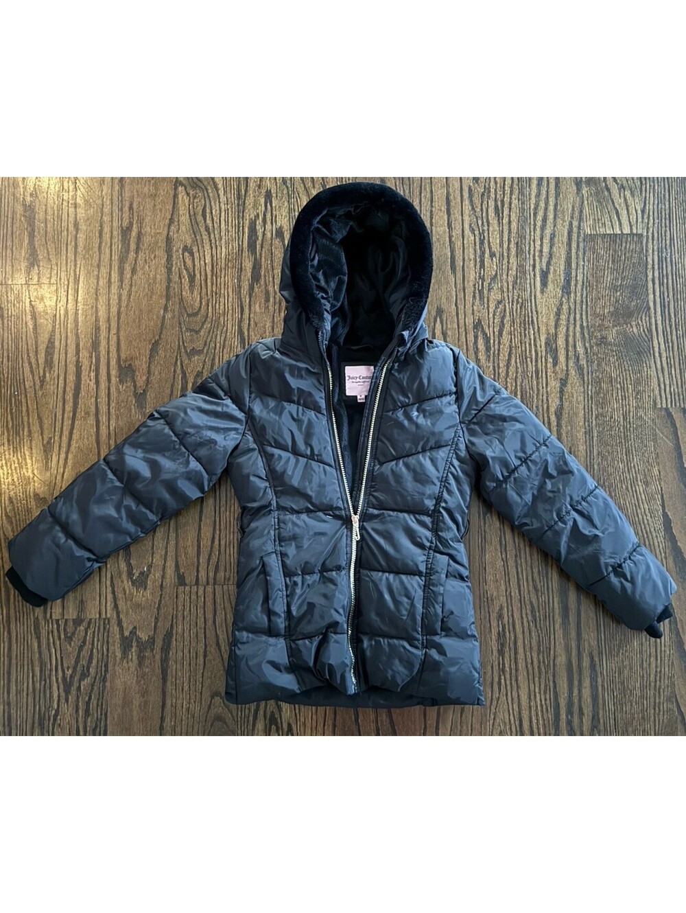 Juicy Couture Girls Puffer Jacket M 10/12 Black Faux Fur Hood Winter Coat